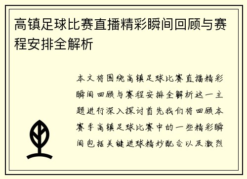 高镇足球比赛直播精彩瞬间回顾与赛程安排全解析
